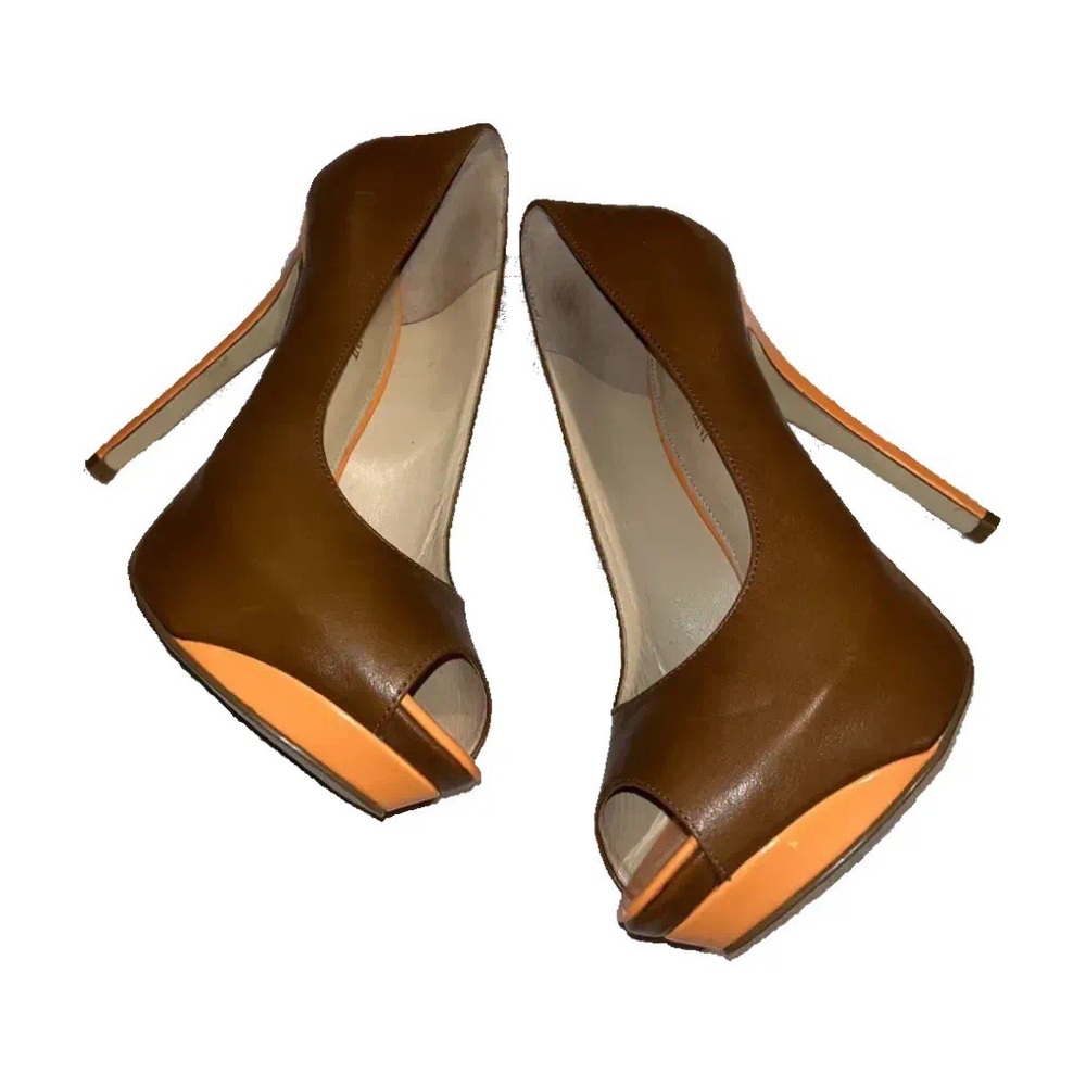 Enzo Angiolini Cognac tan and melon orange peep toe platform stilettos sz 7.5
